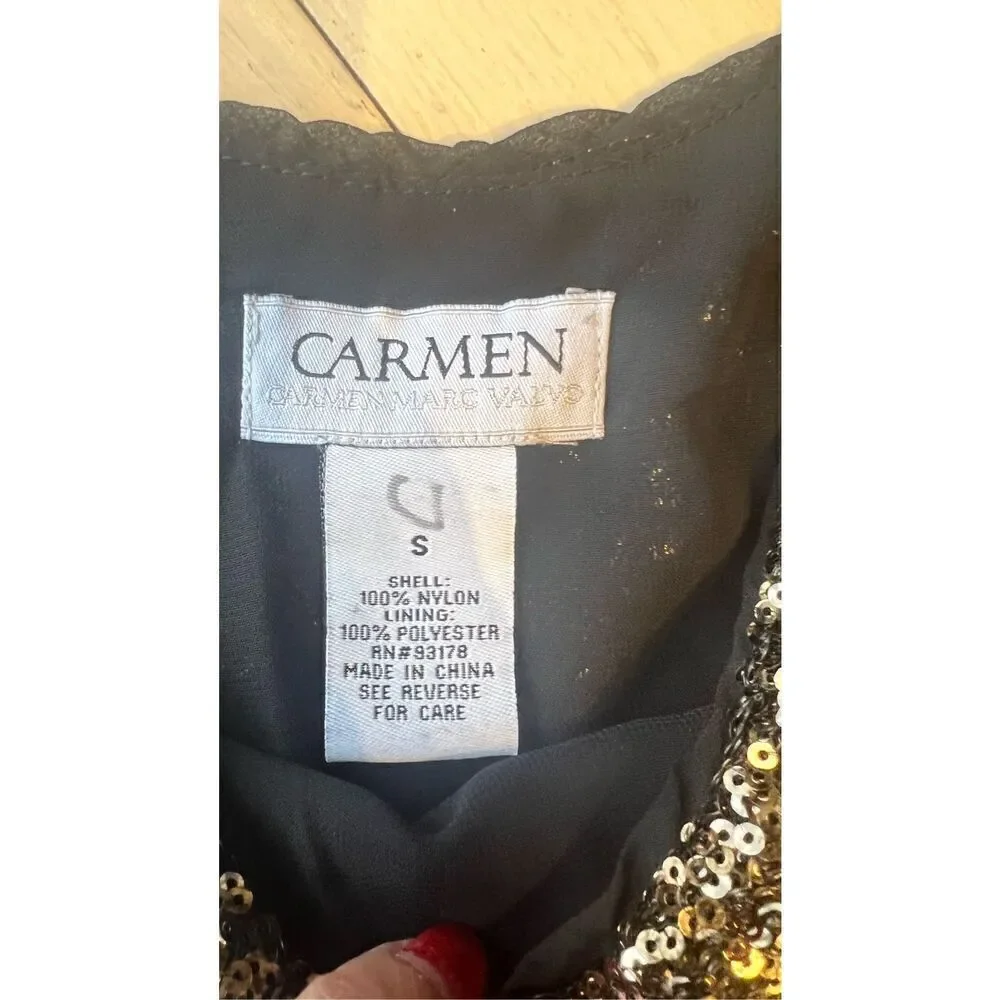 Carmen Marc Valvo Black Gold Sequin Spaghetti Strap Camisole Blouse SZ S (4/6) - Picture 4 of 9